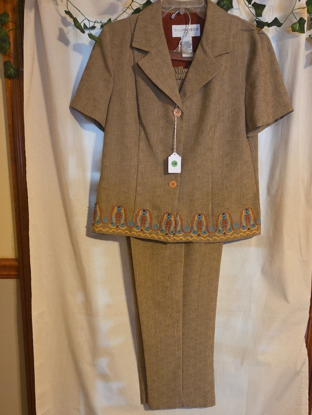 Sag Harbor Taupe Two-Piece Pant Suit with Multicolor Embroidery